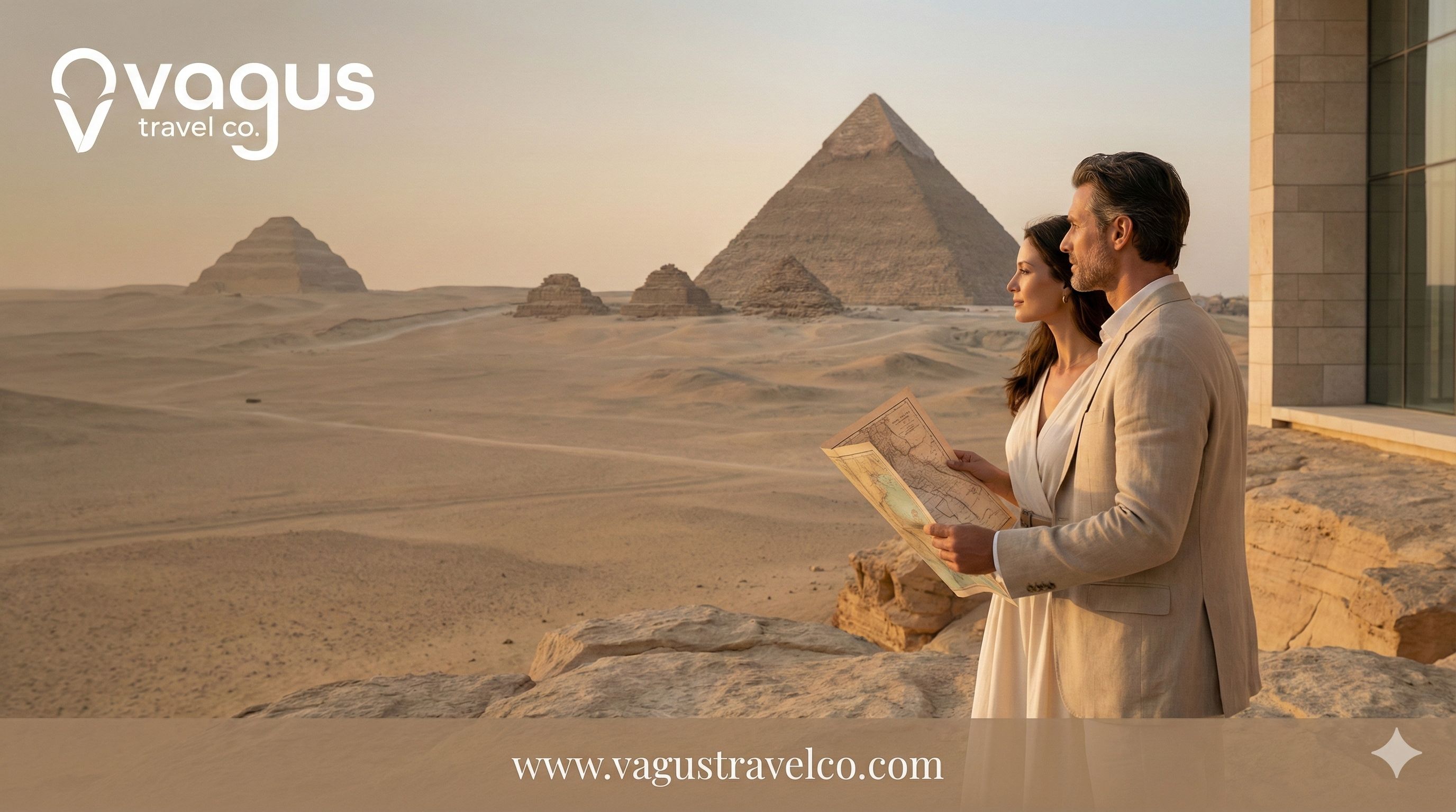 Luxury private travelers overlooking the Pyramids of Giza in Cairo with Vagus Travel Co
