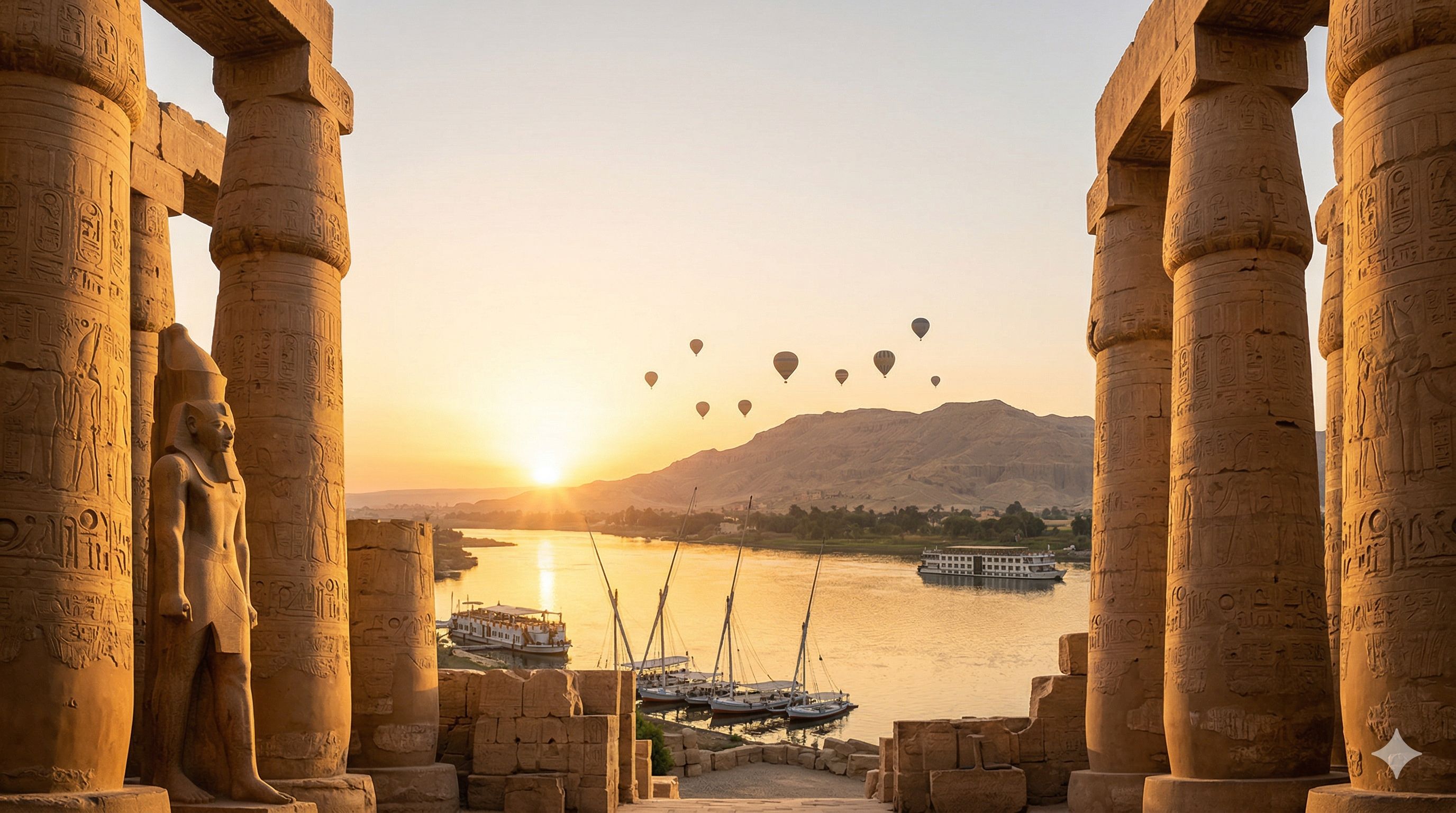 Luxor luxury travel banner with Nile temples and balloons by Vagus Travel Co